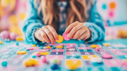 Fototapeta premium Close-up of Child Playing Bingo: A Fun Family Game