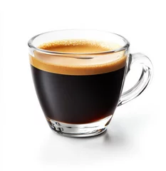 Gordijnen A clear glass cup of black coffee, americano with thick crema, isolated on a white background © JuliaArnhem