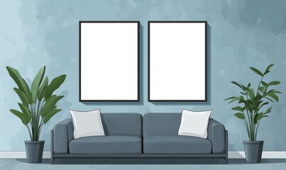 Modern living room mockup two frames, sofa, plants