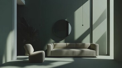 Modern living room, sunlight, sofa, chair, minimalist interior design, shadow, plant