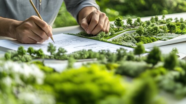 An intimate portrait of a landscape architect sketching plans for a sustainable public park, surrounded by lush greenery and architectural models, Public park design scene