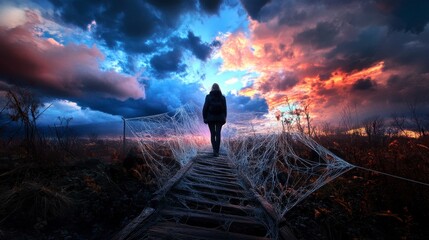 Woman on a spider web bridge, stormy sky above, intricate details enhance the scene's dramatic tension and ethereal beauty.