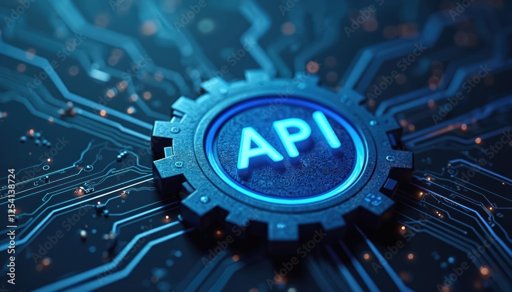 Aufkleber API symbol embedded within futuristic glowing blue gear connected to complex circuit board. Tech interface illustration. Concept of future technologies, cloud data solutions.
