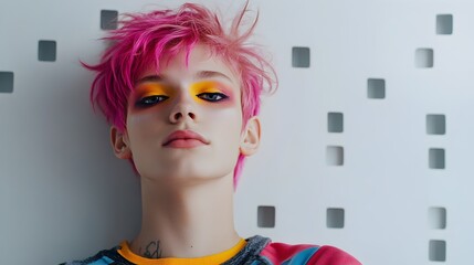 Obraz premium Confident Young Man with Pink Hair and Makeup: Bold, expressive portrait of a stylish LGBTQ+ youth. Perfect for campaigns promoting self-expression, 