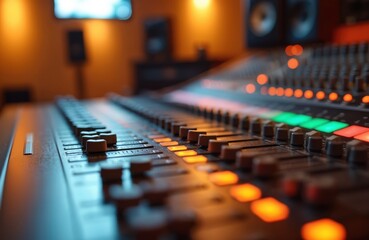 Close-up mixing console featuring faders, knobs in recording studio. Pro audio equipment with...