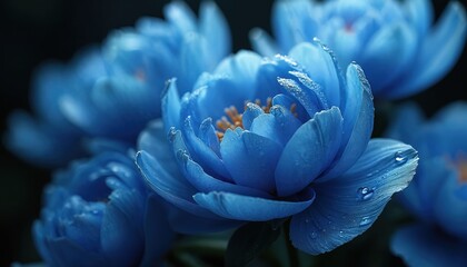 Closeup blue peony flower with water drops. Blossom glistening droplets. Floral backdrop wallpaper. Spring bloom with soft romantic light. Blue flower for valentine, wedding design.