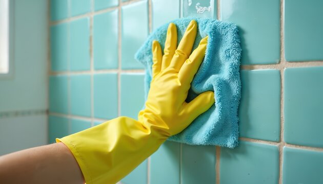 Close-up of hand in yellow glove wiping turquoise tile bathroom wall with blue cloth. Cleaning service removes dirt and grime with scrubbing motion. Home hygiene routine.