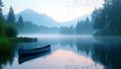 Calm morning landscape with a canoe on a tranquil lake surrounded by misty mountains and serene trees