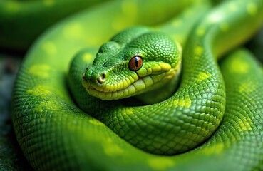 Obraz premium Emerald green tree python coiled. Close-up of bright snake scales texture. Exotic pet reptile with beautiful skin pattern in terrarium. Wildlife predator.