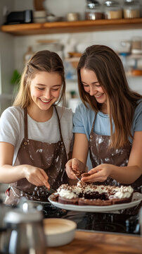 Two Happy Teen Girls Baking and Decorating Chocolate Cake Together.
