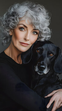 Elegant Mature Woman with Gray Curls Embracing Black Dog. Minimalistic elegant concept. Senior beauty. 