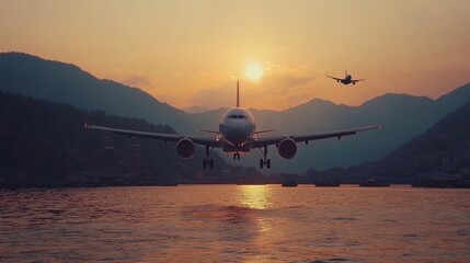 IllustrationA reflection of an airplane taking off at sunset, depicted in digital artwork that evokes the travel environment and ignites wanderlust through an emotional lens. Wanderlust