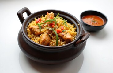 Chicken biryani served in pot with handles, garnished with fresh herbs, red peppers. Bowl with orange sauce at background. Traditional indian food is delicious dish.