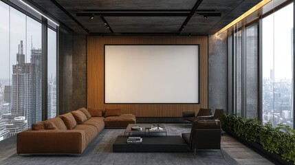 Fototapeta premium Modern office lounge, city view, blank screen, presentation