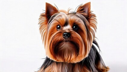 Naklejka premium Yorkshire terrier poses elegantly in a bright setting showcasing its beautiful fur and features on white background