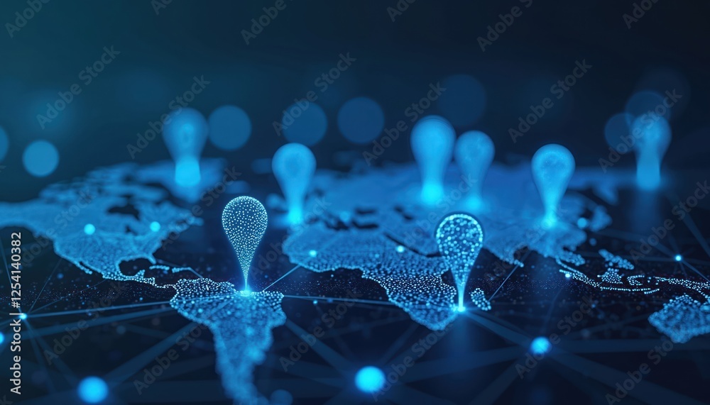 Aufkleber global network connections shown by glowing location pins on digital blue map. futuristic technology