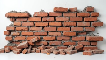 Broken brick wall with scattered bricks. Ruined damaged building architecture. Destruction, demolition concept. Renovation required. Old brickwork texture background on white wall. Debris and rubble.