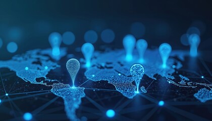 Global network connections shown by glowing location pins on digital blue map. Futuristic technology symbolizes navigation, data points, cyberspace communication in virtual urban environment.