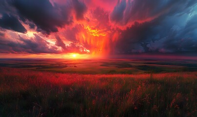 Dramatic red sky over a field with stormy clouds and a setting sun, creating an apocalyptic mood