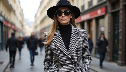 Obraz premium Woman in black hat, sunglasses, checkered coat walks Parisian street. Fashionable model in stylish clothes. Urban style, France, travel, vacation. Autumn season street style.