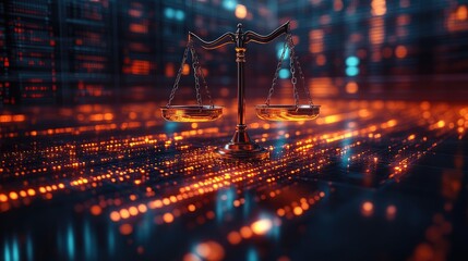 A digital representation of justice scales on a glowing data background.