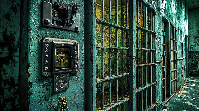 Abandoned prison corridor with rusted bars and deteriorating walls, evoking a sense of desolation