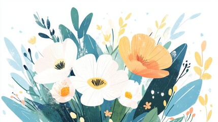 Obraz premium Hello Spring card. Spring background with flowers, leaves for social media post, banner design, postcards. Spring colorful flowers design templates.