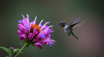 Fototapeta premium Colibrí volando para recoger el néctar de una hermosa flor. 