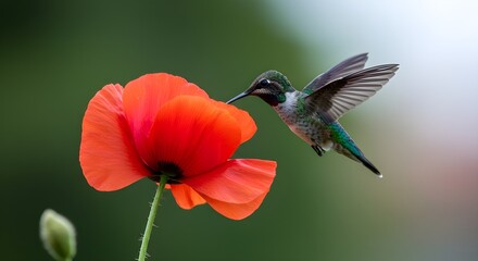 Obraz premium Colibrí volando para recoger el néctar de una hermosa flor. 