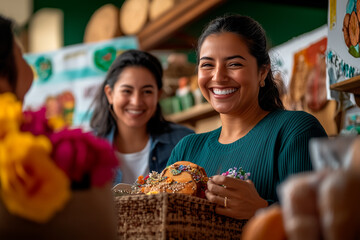 Latina woman selling handcrafted goods at a local organic market