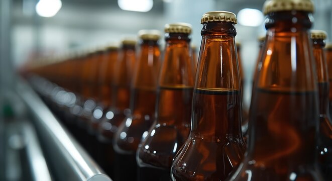 Line of brown glass beer bottles on brewery conveyor production line. Alcohol drink beverage factory or plant. Modern manufacture machinery close-up. Lager craft beer production.