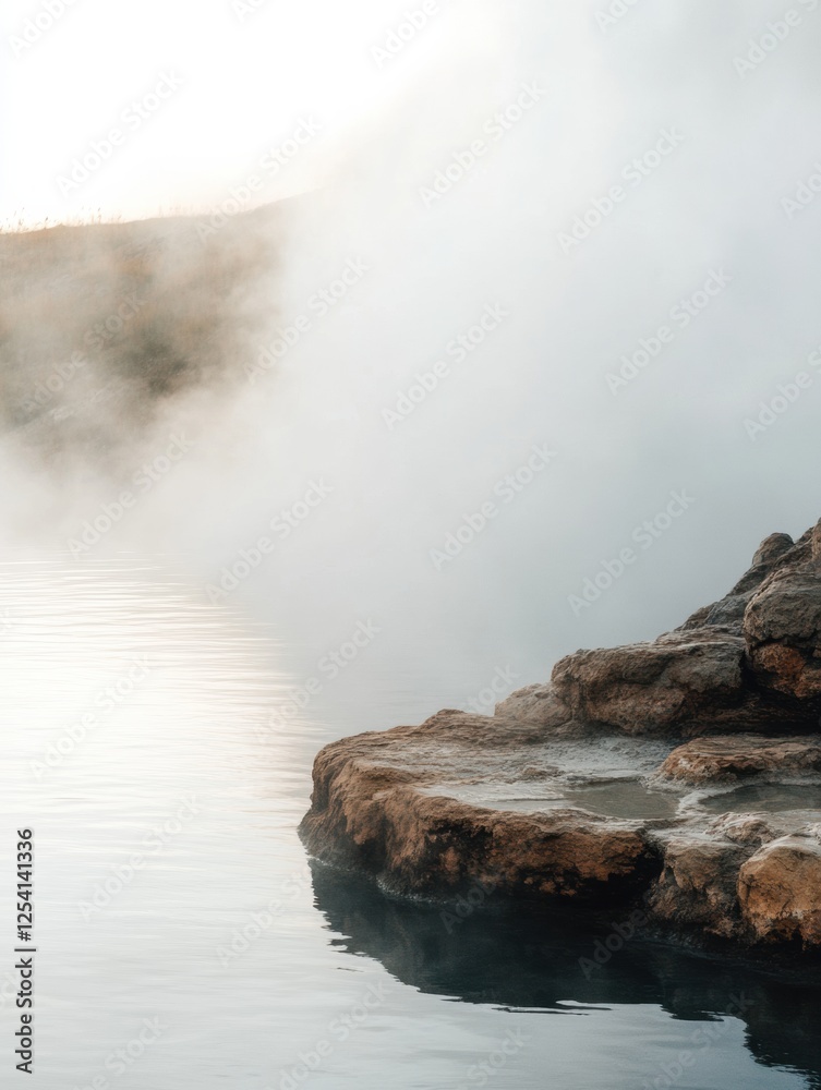 Aufkleber serene hot spring surrounded by rocky edges with steam rising in a tranquil landscape during morning