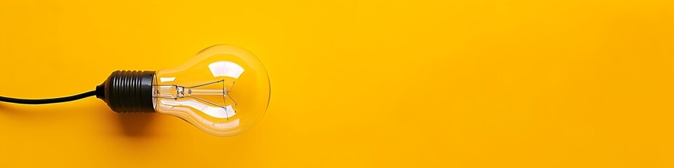Radiant light bulb connected with a cord on a yellow backdrop, viewed from above in a modern banner design. Reflects creative ideas and inspiration for technology and education.