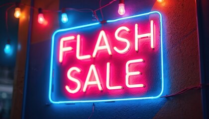 Illuminated flash sale neon sign at night on colorful wall. Bright pink, blue colors. Limited time offers retail promotion, marketing. Enticing advertising, discount event, modern vibrant design.