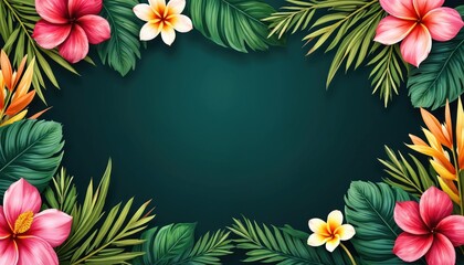 Fototapeta premium Illustration of tropical floral frame with green palm tree leaves, hibiscus, plumeria flowers. Vibrant summer background for invitation, poster, card, website, decoration or advertising project.