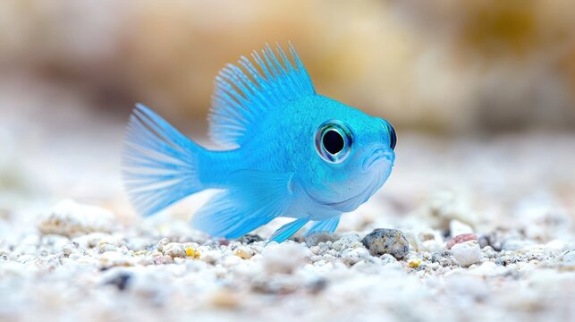 Blue damselfish swimming in coral reef sand