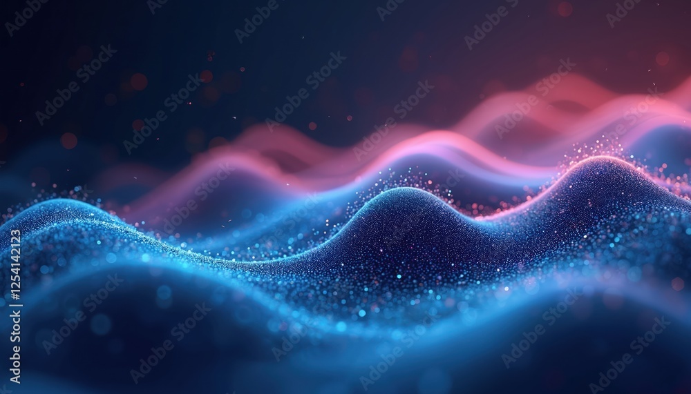 Poster Futuristic abstract background with glowing blue and pink digital waves made of dots. High-detail visual shows ultra-realistic sound waves, data flow concepts. Gradient illustration.