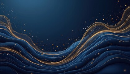 Luxury dark blue banner with golden lines, curves. Elegant template for business, conference invitations, corporate party posters, presentation mockups. Perfect for upscale events, marketing, visual