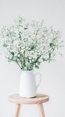   A white vase filled with white flowers atop a wooden stool atop a hardwood table