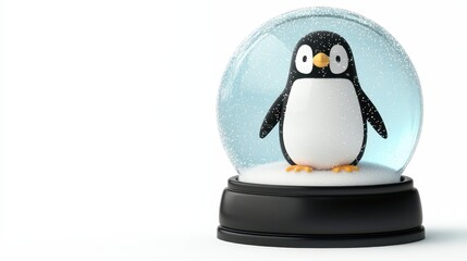 A cute penguin figurine inside a snow globe, surrounded by shimmering snowflakes, resting on a black base.