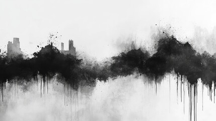 Obraz premium Abstract black and white cityscape with ink-like textures and drips.