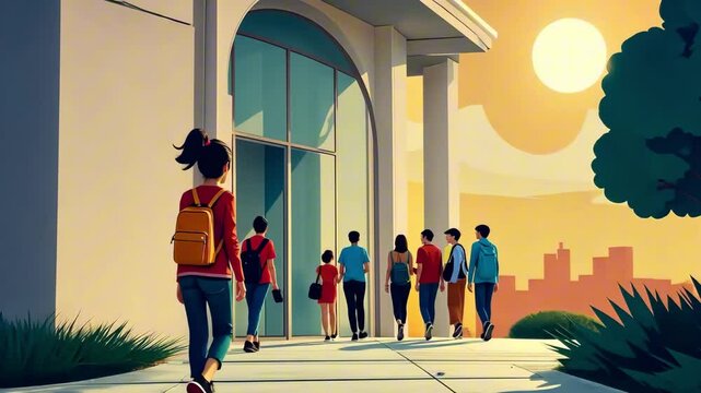 People walking towards a white building with columns against the background of the setting sun and the city, a smooth approach