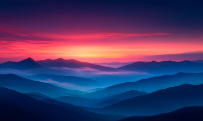 Fototapeta premium Majestic mountain range landscape illuminated by colorful sunset sky in horizon view