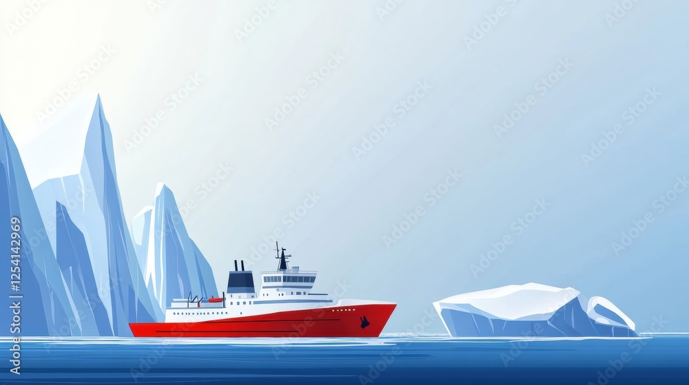 Aufkleber research vessel navigates calm waters near icy landscapes and glaciers in a serene arctic setting du