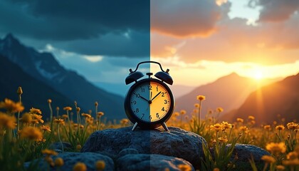 Day and night split image with alarm clock on rock. Mountains, flowers field on background....