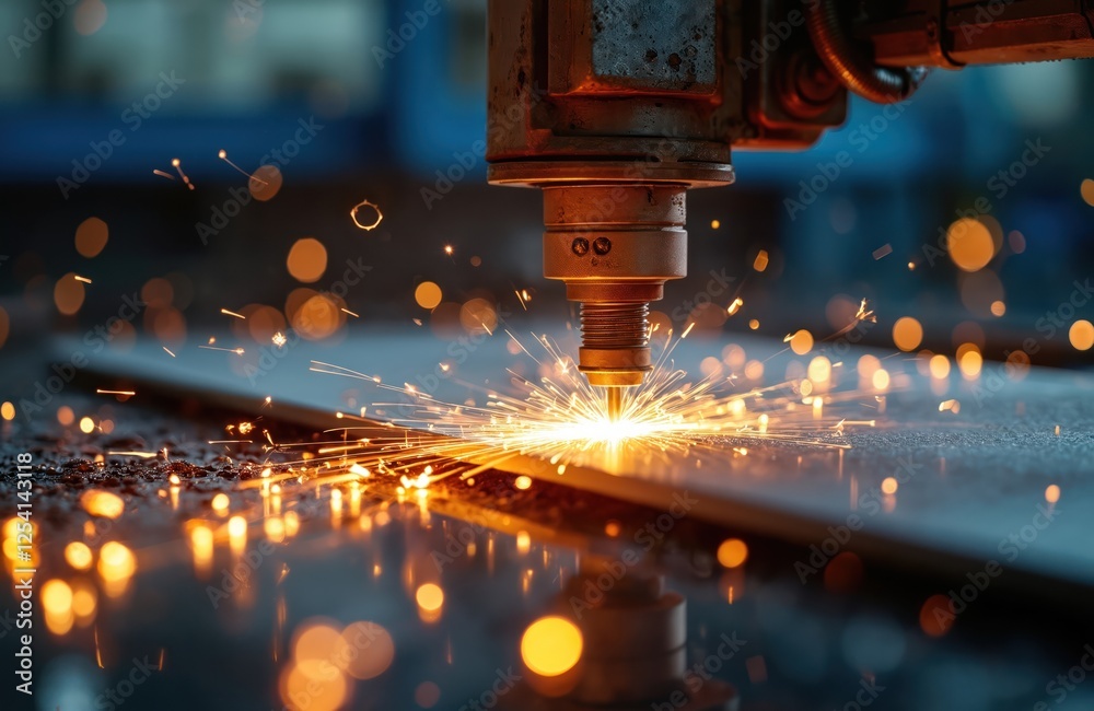 Poster laser cutting machine cuts metal plate. hi-tech sheet metal manufacturing process with spark by lase