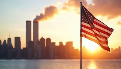 American flag waves at sunrise with Twin Towers silhouette. Solemn tribute commemorating 911 with gentle atmosphere of remembrance, hope, patriotism, honoring victims, supporting freedom.
