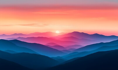 Fototapeta premium A vibrant sunrise over misty mountains, showcasing a beautiful gradient of colors in nature