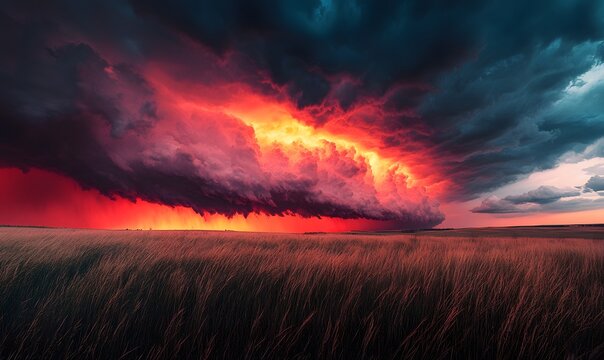 Fiery sky over field, ominous clouds rolling in at sunset in vast open landscape