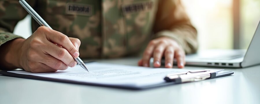 Close-up of military personnel filling out application, loan documents, financial assistance form. Man wearing camouflage uniform signs agreement. Concept of veteran support, financial relief program.